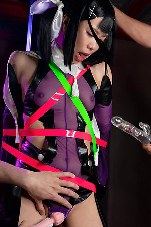 Three Japanese guys fuck a tied Japanese girl Mayu Sakurai with a dildo in her mouth and pussy