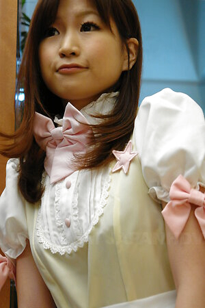 Shino Tanaka in waitress uniform sucks cock and gets cum in her palm.